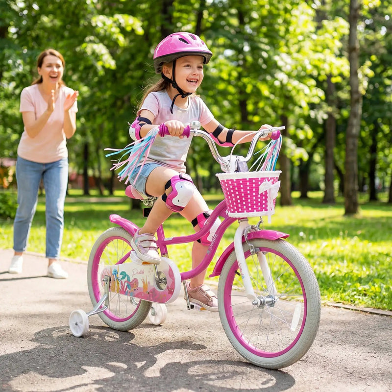 Kids Bike 18-Inch with Training Wheels and Basket Rose Red by DirectDeals