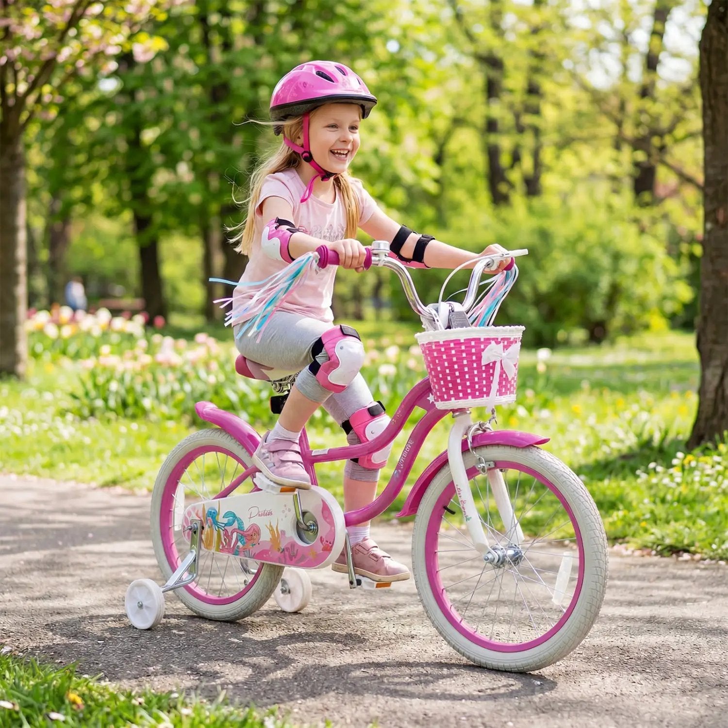 Kids Bike 18-Inch with Training Wheels and Basket Rose Red by DirectDeals