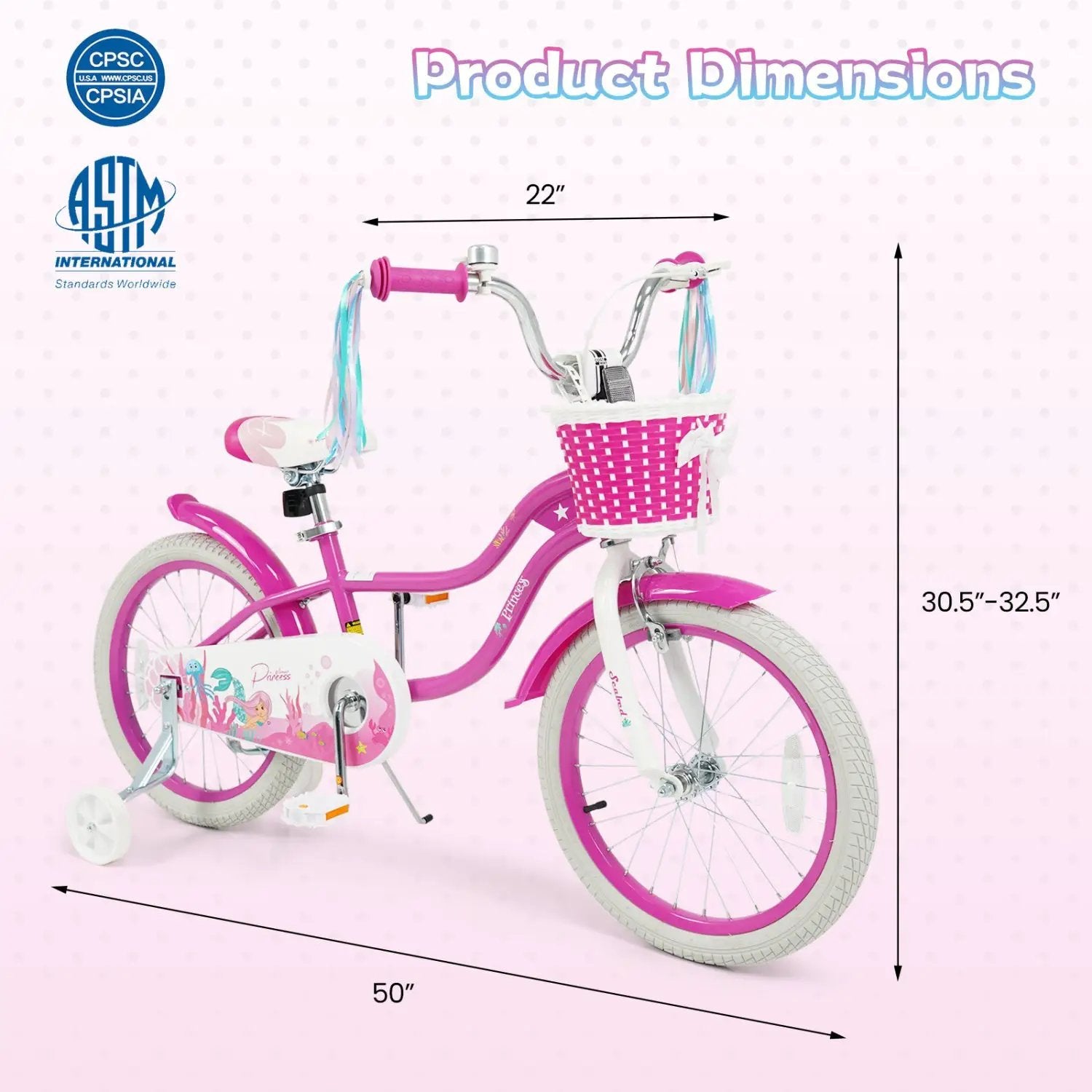 Kids Bike 18-Inch with Training Wheels and Basket Rose Red by DirectDeals