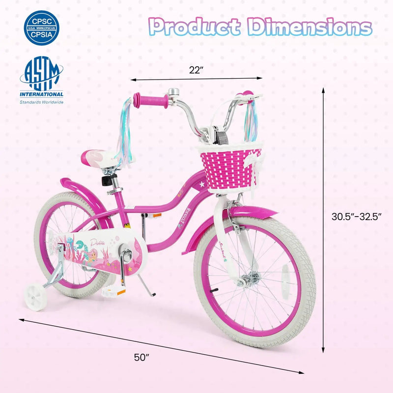 Kids Bike 18-Inch with Training Wheels and Basket Rose Red by DirectDeals