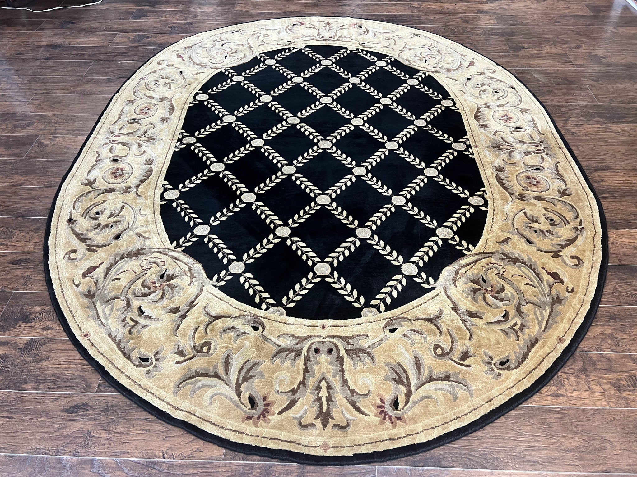 Oval Tibetan Rug 8x10, French Aubusson Design, Wool Handmade Vintage Carpet, Black & Beige, Soft Wool Pile by Jewel Rugs