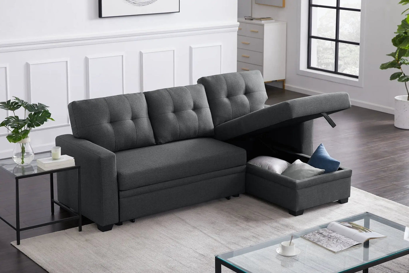 Upholstered Pull Out Sectional Sofa With Chaise by Unique Piece Furniture