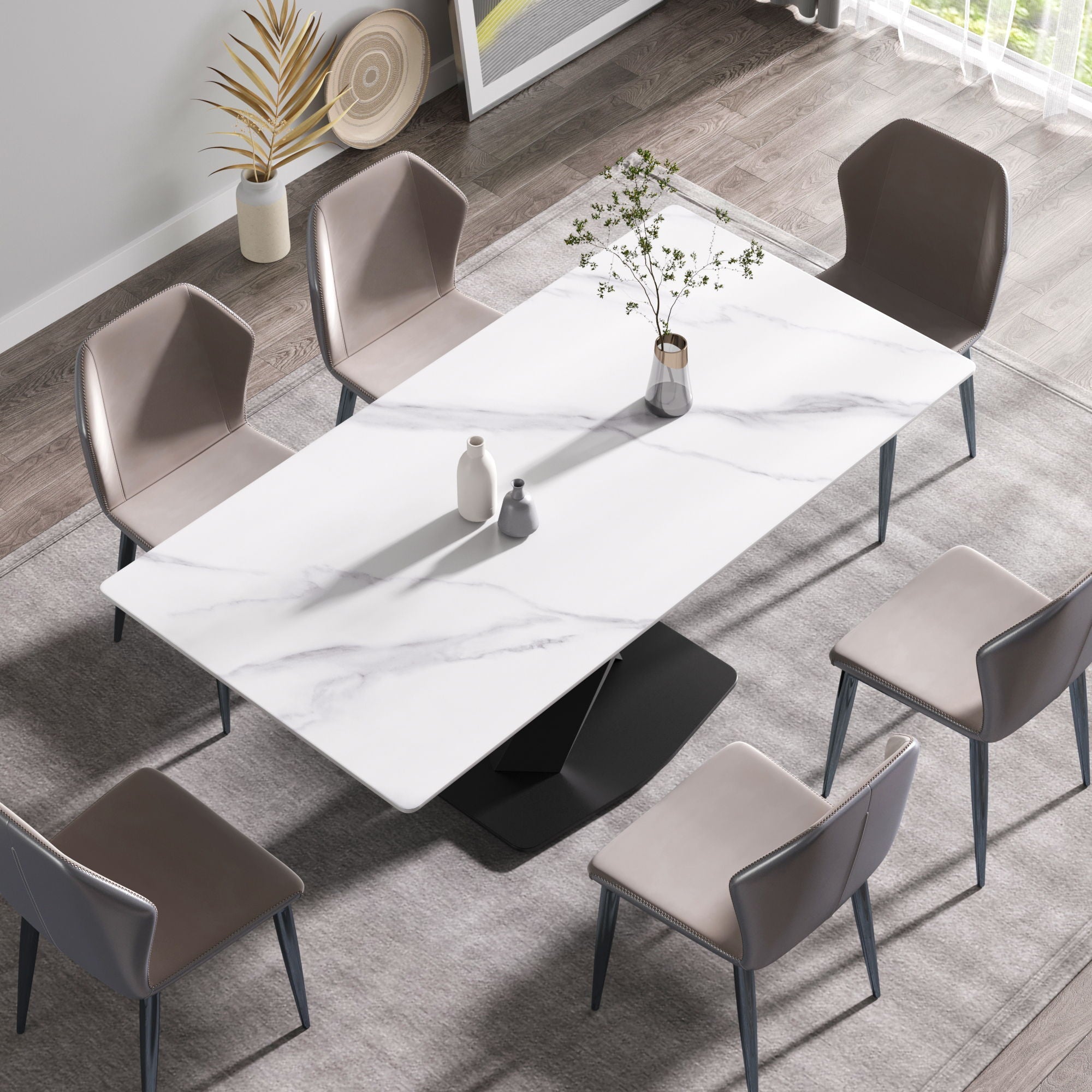 Modern Artificial Stone Straight Edge Metal X Leg Dining Table, 6 People by HouseOfZazla
