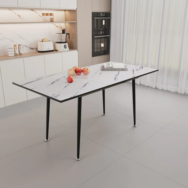 Modern Industrial Expandable Dining Table 47" To With Marble Pattern Top And Metal Legs - White by HouseOfZazla