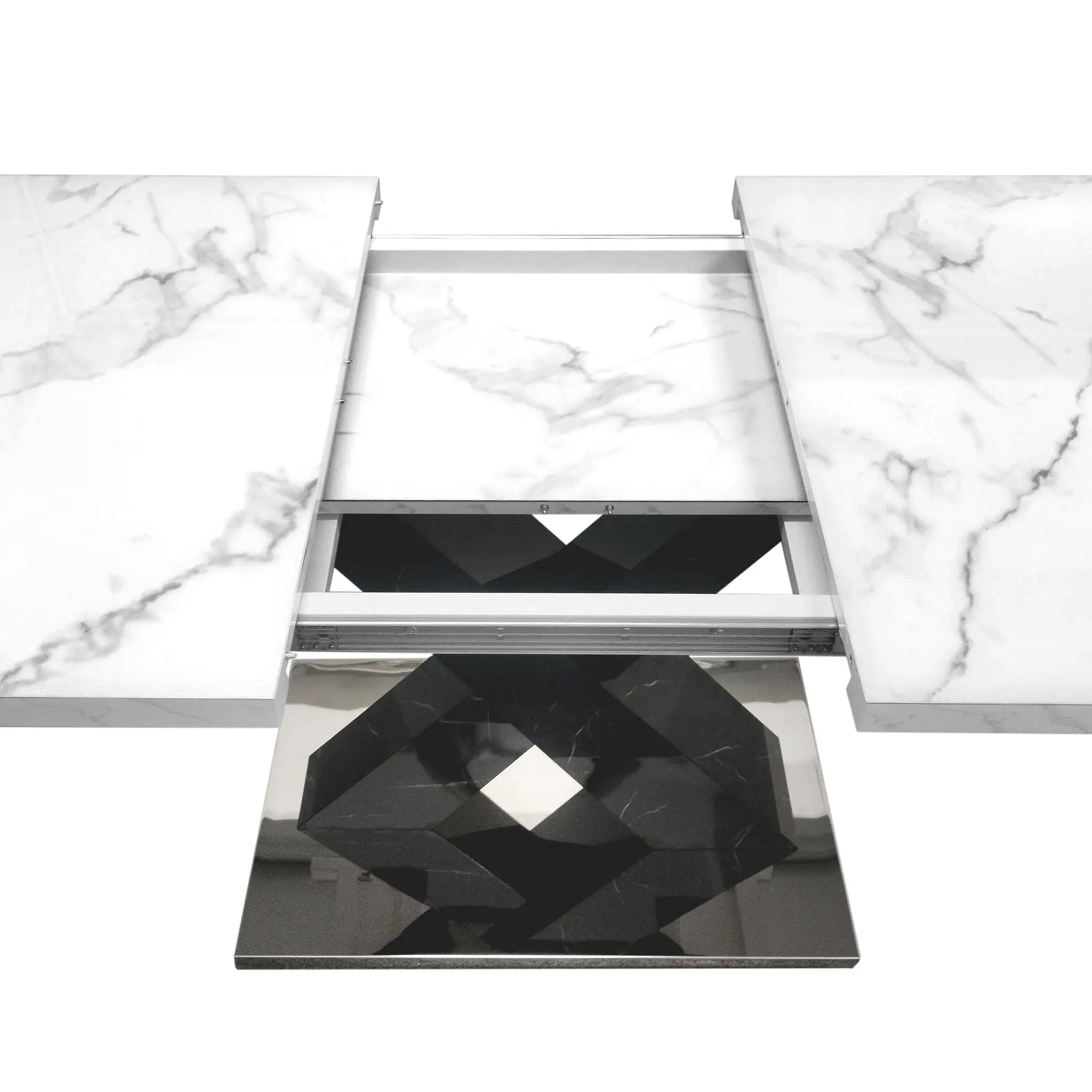 Rectangle Dining Table With Stretchable Top, X Shape Mdf Legs With Steel Base - White / Black