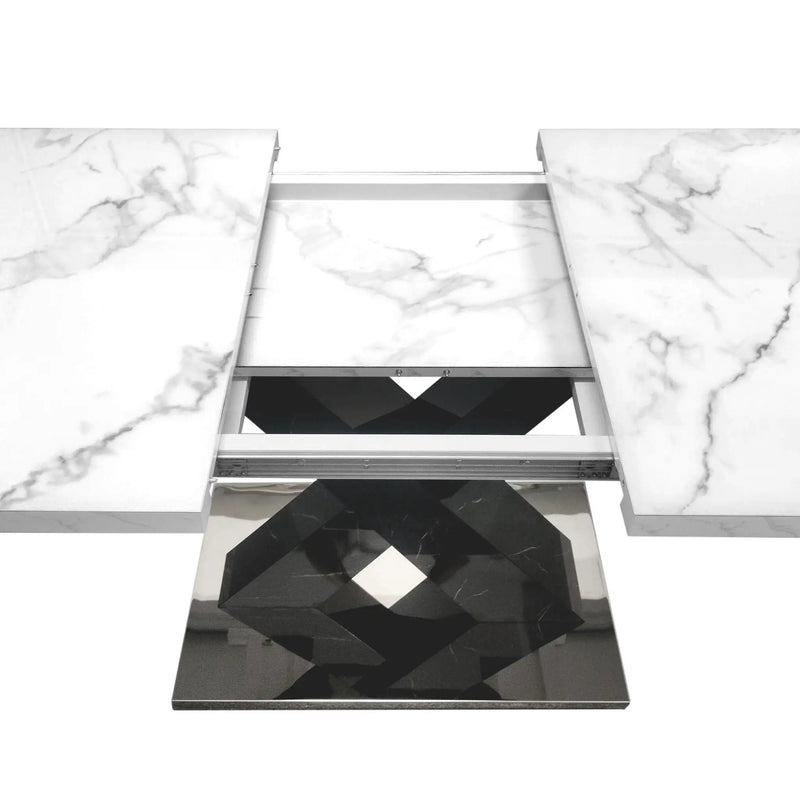 Rectangle Dining Table With Stretchable Top, X Shape Mdf Legs With Steel Base - White / Black