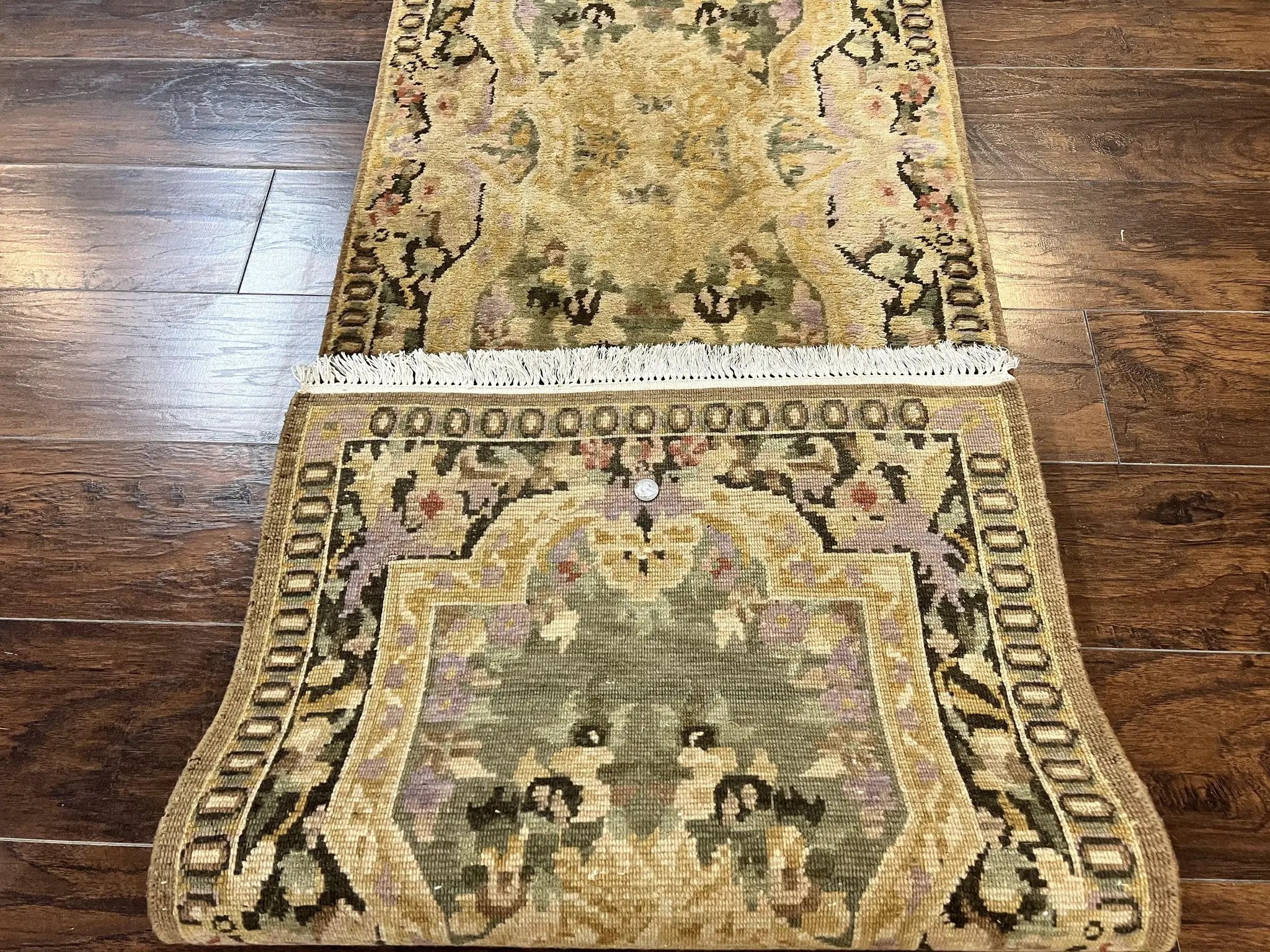 Tibetan Runner Rug 2.6 x 10, French Aubusson Pattern, Gold Olive Green, Vintage Handmade European Design, Wool Hallway Rug by Jewel Rugs