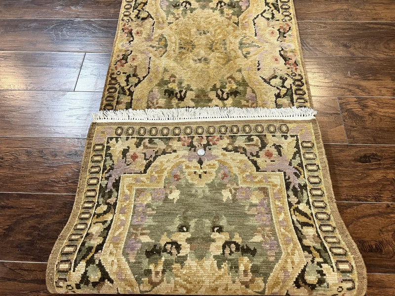 Tibetan Runner Rug 2.6 x 10, French Aubusson Pattern, Gold Olive Green, Vintage Handmade European Design, Wool Hallway Rug by Jewel Rugs