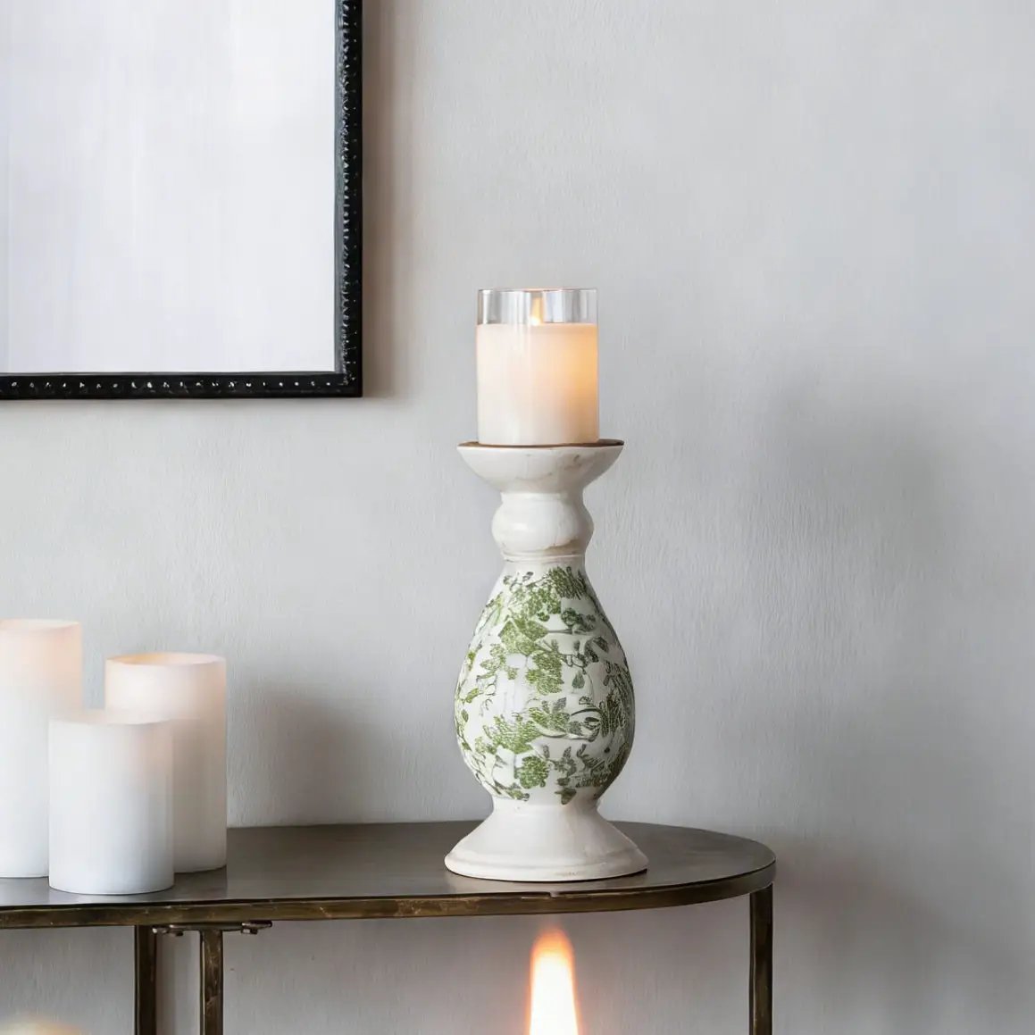 D4.7x10' White Ceramic Candle Holder with Green Floral Patterns, Small by HouseOfZazla