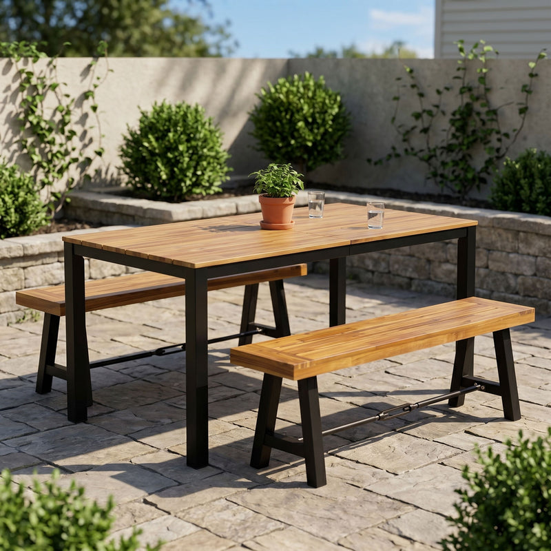 3-Piece Outdoor Acacia Wood Dining Set, 71" Rectangular Patio Table & 2 Benches by HouseOfZazla