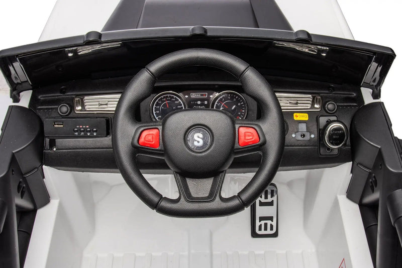 12V7A 30W*2 Four-Wheel Drive Seat One Button Start, Forward And Backward, High And Low Speed, Music, Front Light, Power Display, Two Doors Can Open, 2.4G R / C, Seat Belt Four Wheel Absorber by HouseOfZazla