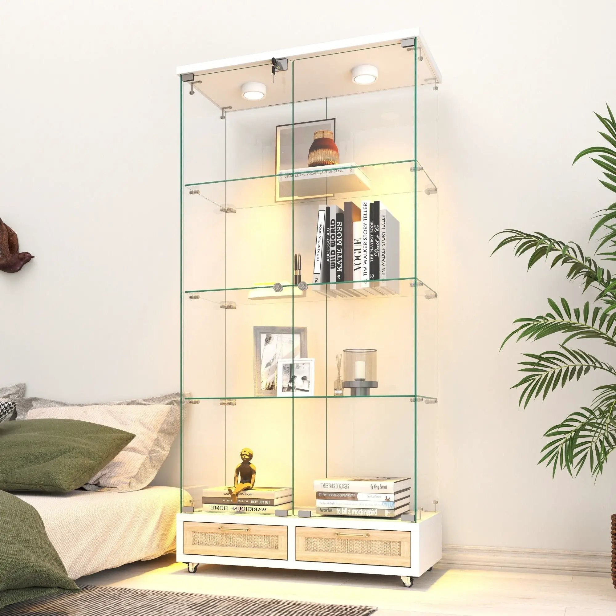 Glass Display Cabinet With LED Lights, Tempered Glass Doors, Large Drawers, 2 Door Storage Case With 4 Shelves - Natural / White by HouseOfZazla