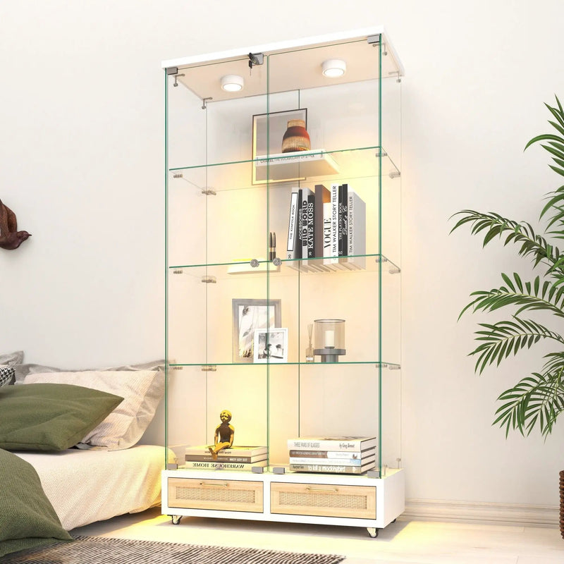 Glass Display Cabinet With LED Lights, Tempered Glass Doors, Large Drawers, 2 Door Storage Case With 4 Shelves - Natural / White by HouseOfZazla