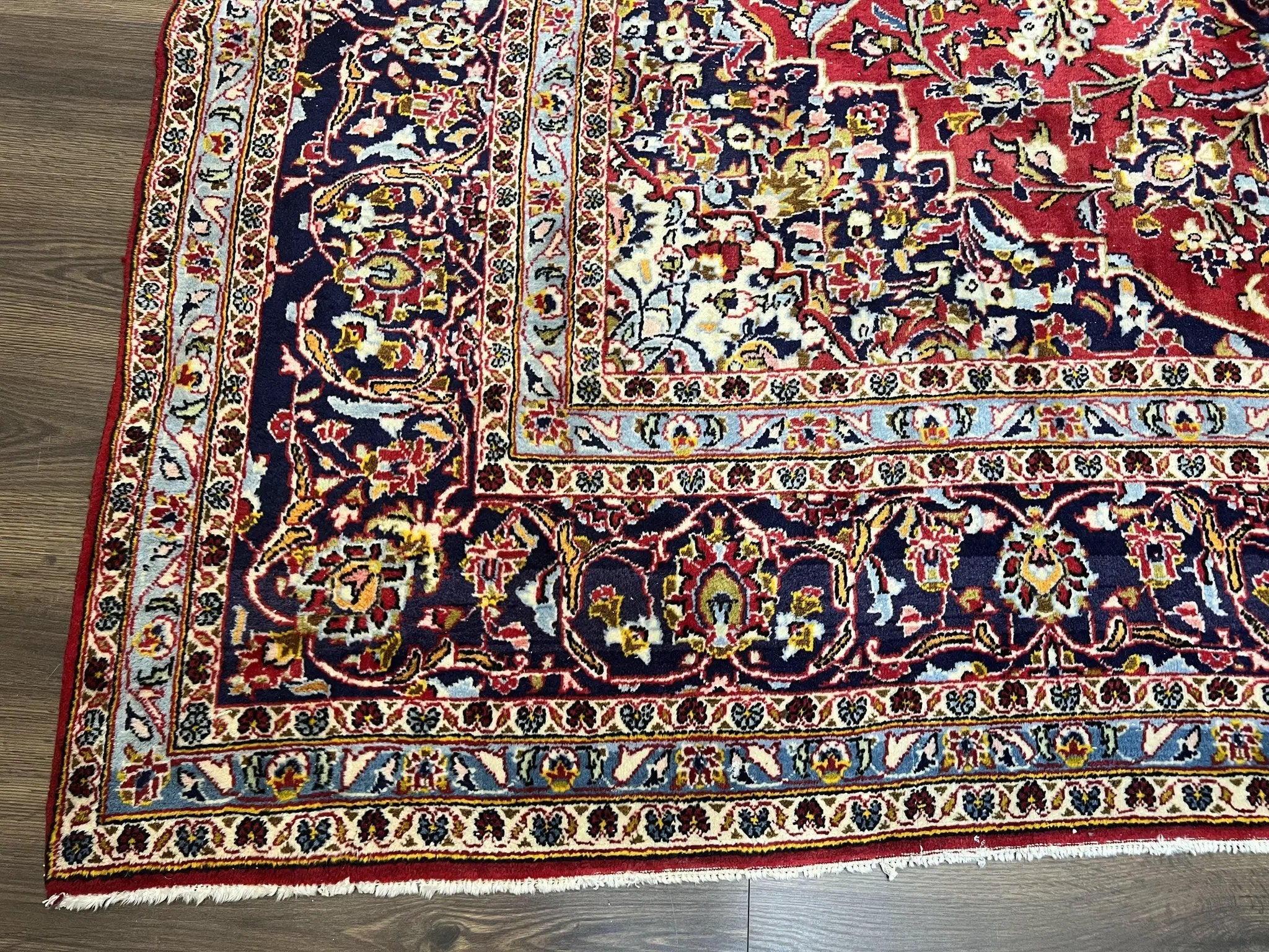 Persian Kashan Rug 9x12, Red Navy Blue, Allover Floral Medallion & Corner Design, Handmade Wool Oriental Carpet, Semi Antique Traditional Carpet by Jewel Rugs