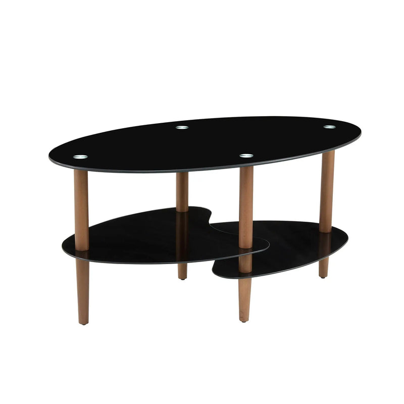 Oval Glass Coffee Table, Modern Table In Living Room Oak Wood Leg Tea Table 3-Layer Tempered Glass Table - Brown / Black by HouseOfZazla