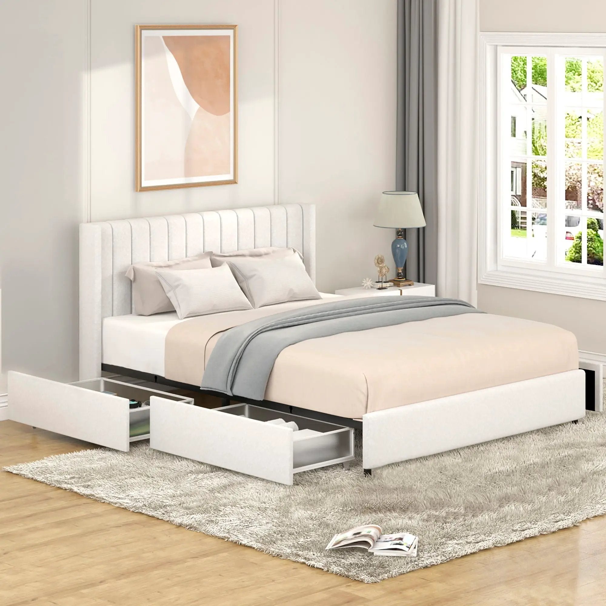 Anda - Boucle Upholstered Platform Bed With Patented Drawers Storage - Ivory by Unique Piece Furniture