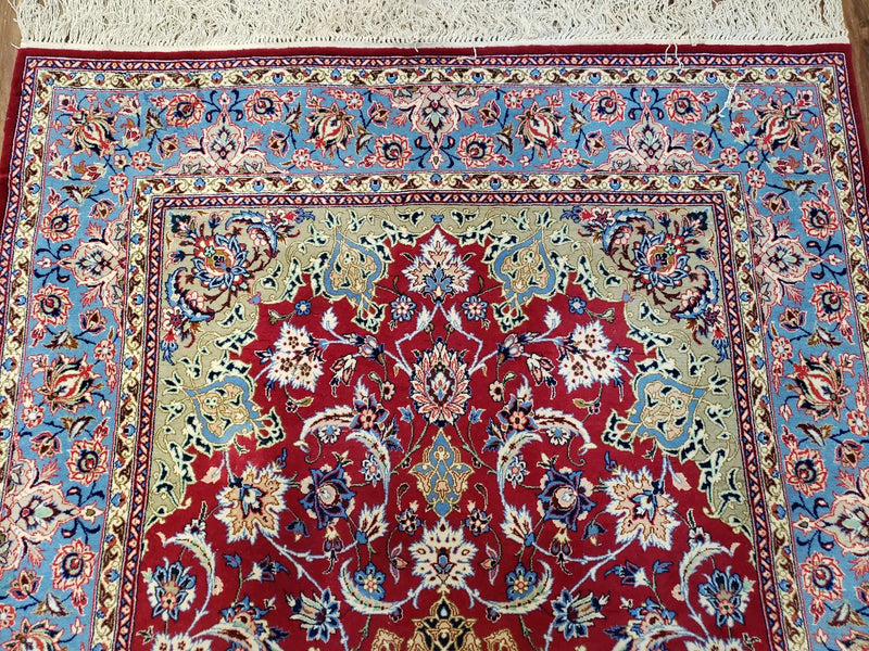 Semi Antique Persian Isfahan Rug, Kork Wool on Silk Foundation, Red & Blue, Top Quality, 3'6" x 5' 6" by Jewel Rugs
