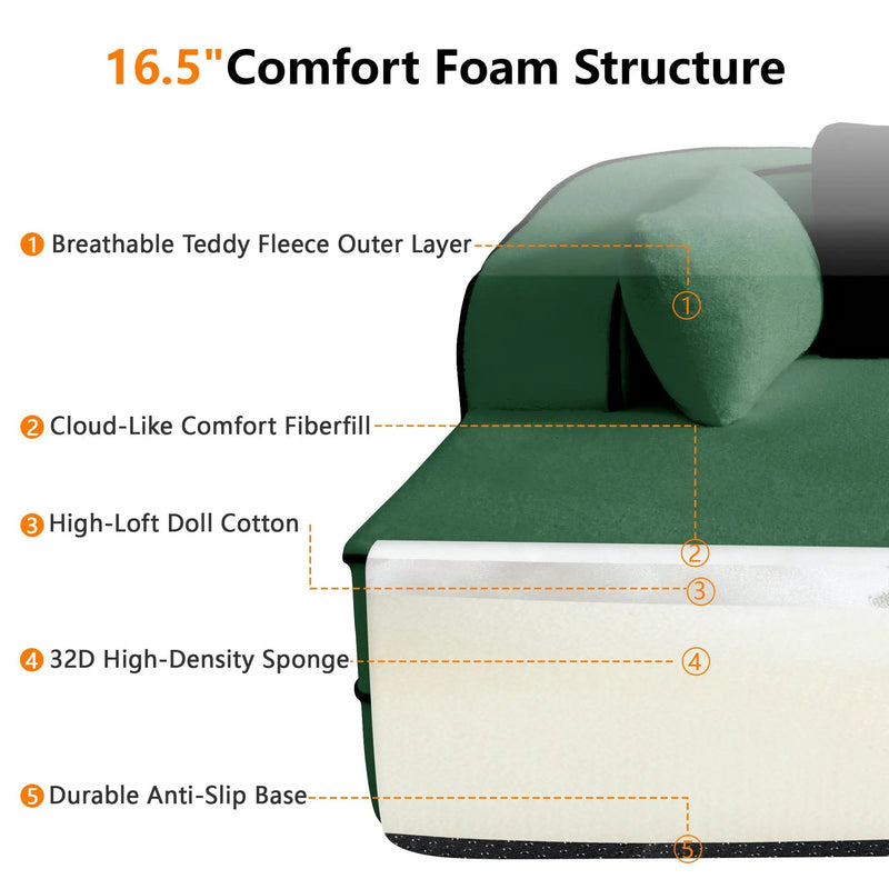 ELYSEES Right Chaise Sofa W/Pillows Teddy Fabric - Green by HouseOfZazla
