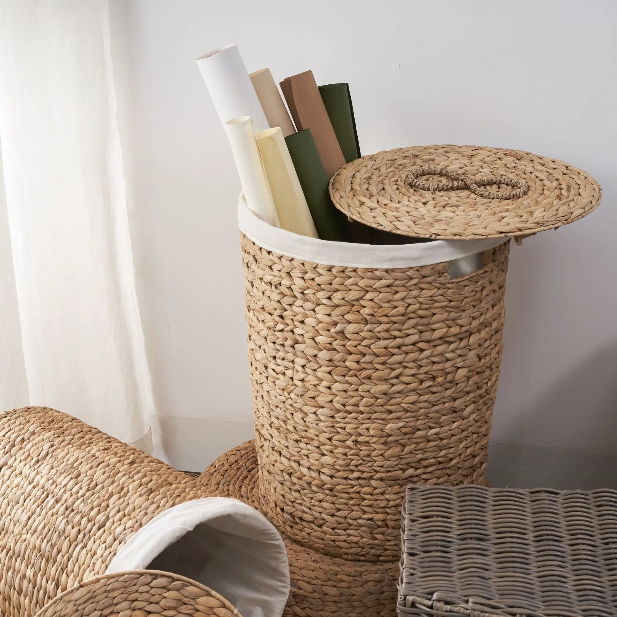 Ludmilla Round Tall Water Hyacinth Woven Wicker Laundry Hamper With Lid - For Clothes, Toys And Book Storage With Removable Liner - 18" X 18" X 23" - Natural Brown by HouseOfZazla
