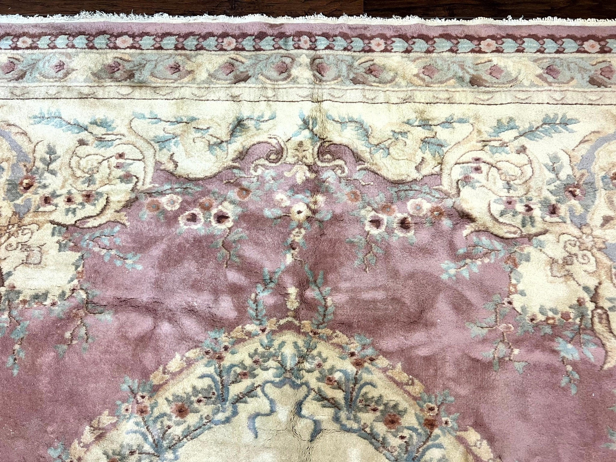 Indo Chinese Aubusson Wool Rug 10x14, Pink and Cream, Handmade Vintage Wool Carpet, Elegant European Design by Jewel Rugs