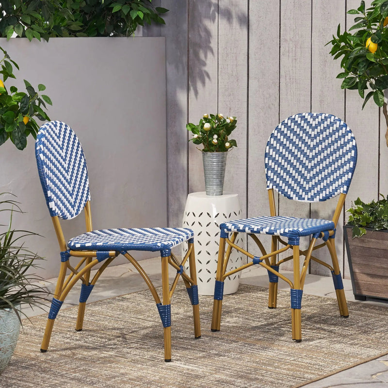 Outdoor Rattan and Aluminum French Armless Bistro Chairs Set - Navy Blue by HouseOfZazla