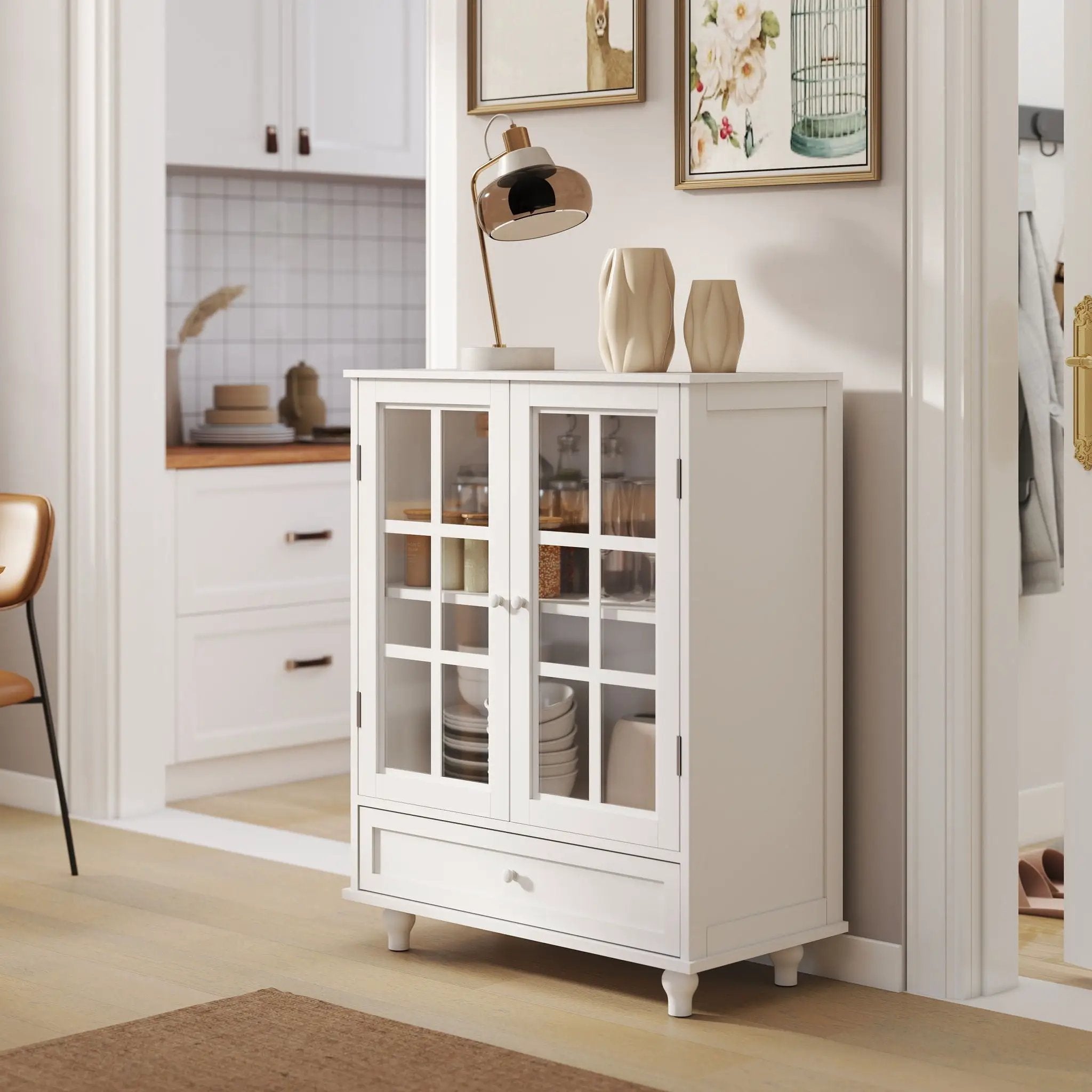 Minimalist Buffet Cabinet With Double Glass Doors And Drawer
