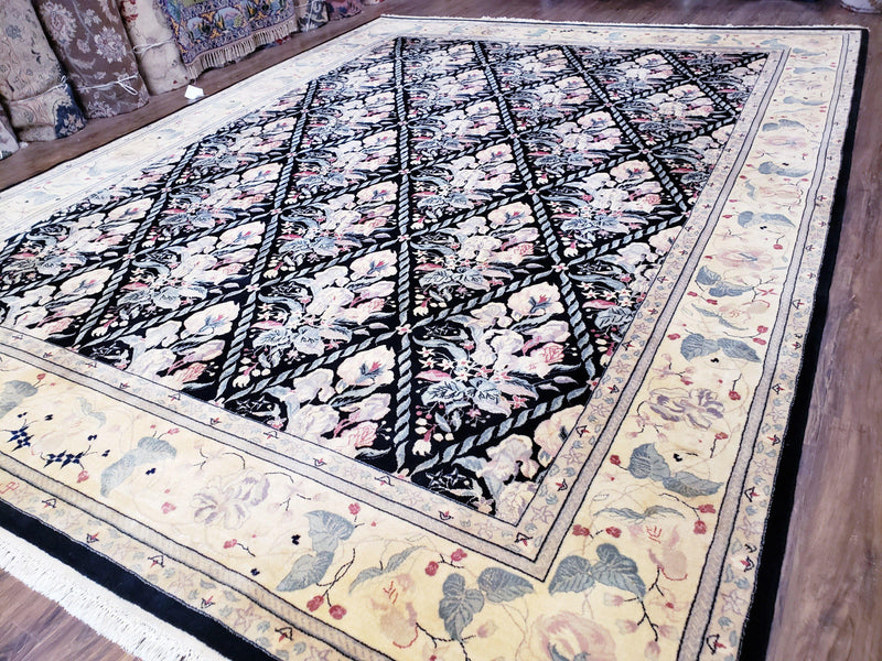 Sino-Persian Kirman Rug 9x12 Floral Handmade Wool Carpet Black & Ivory Vintage by Jewel Rugs