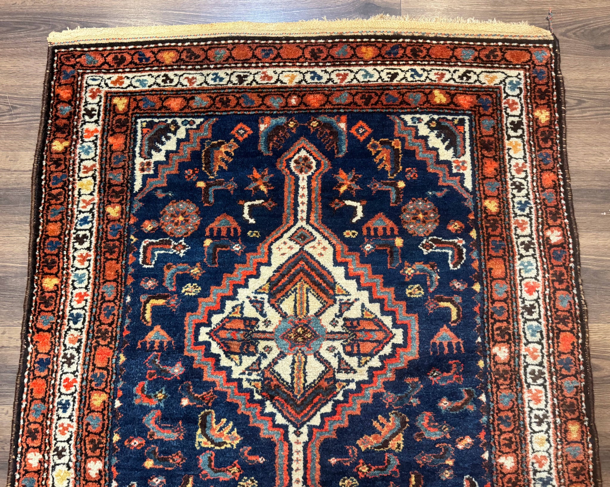Antique Persian Hamadan Rug 4x6, Geometric, Double Medallions, Navy Blue, Tribal Carpet by Jewel Rugs