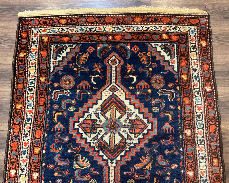 Antique Persian Hamadan Rug 4x6, Geometric, Double Medallions, Navy Blue, Tribal Carpet by Jewel Rugs