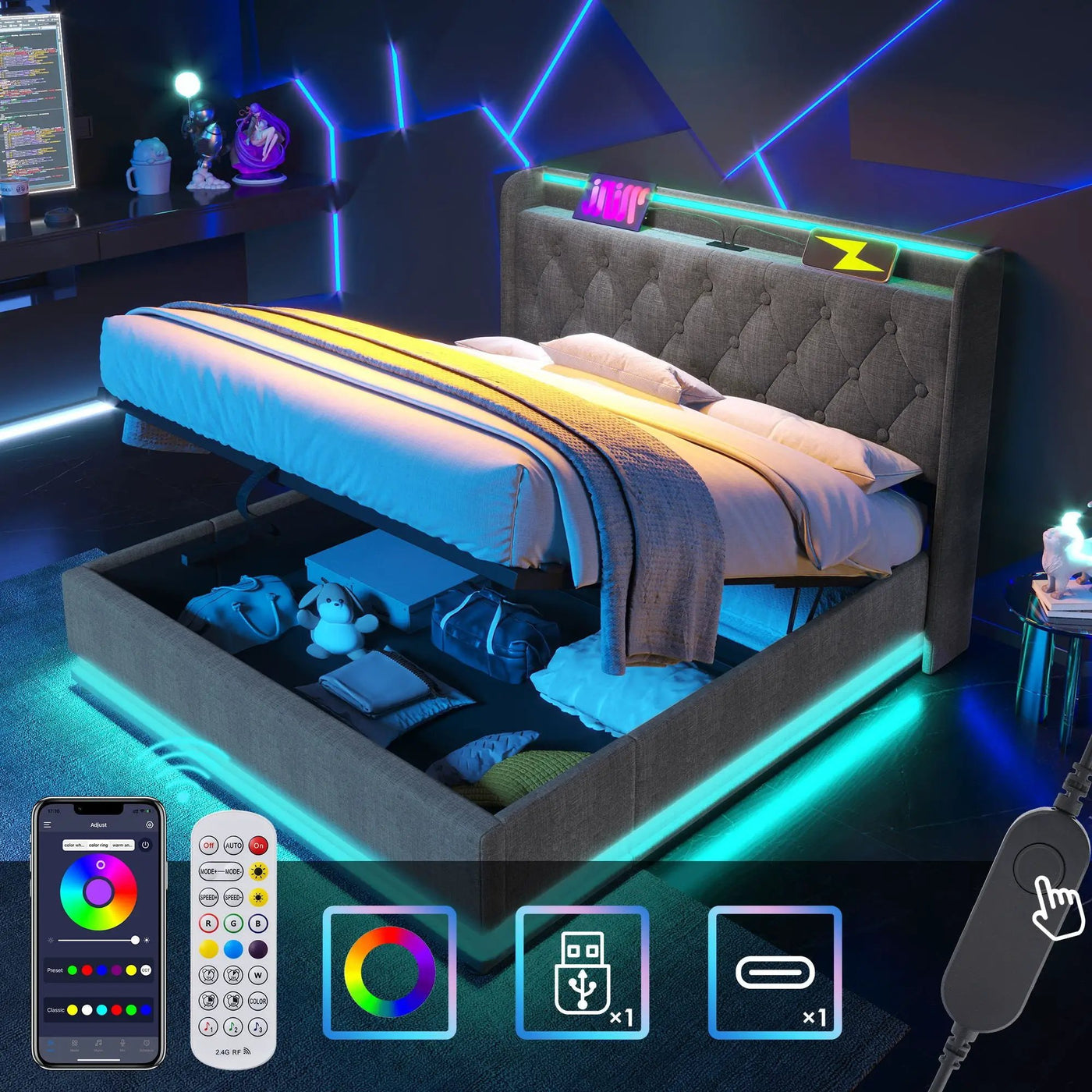 Upholstered Bed, 360 Surround LED Function, Remote Control, Hydraulic Storage Bed With USB, Type-C Charging (Without Mattress) by Unique Piece Furniture