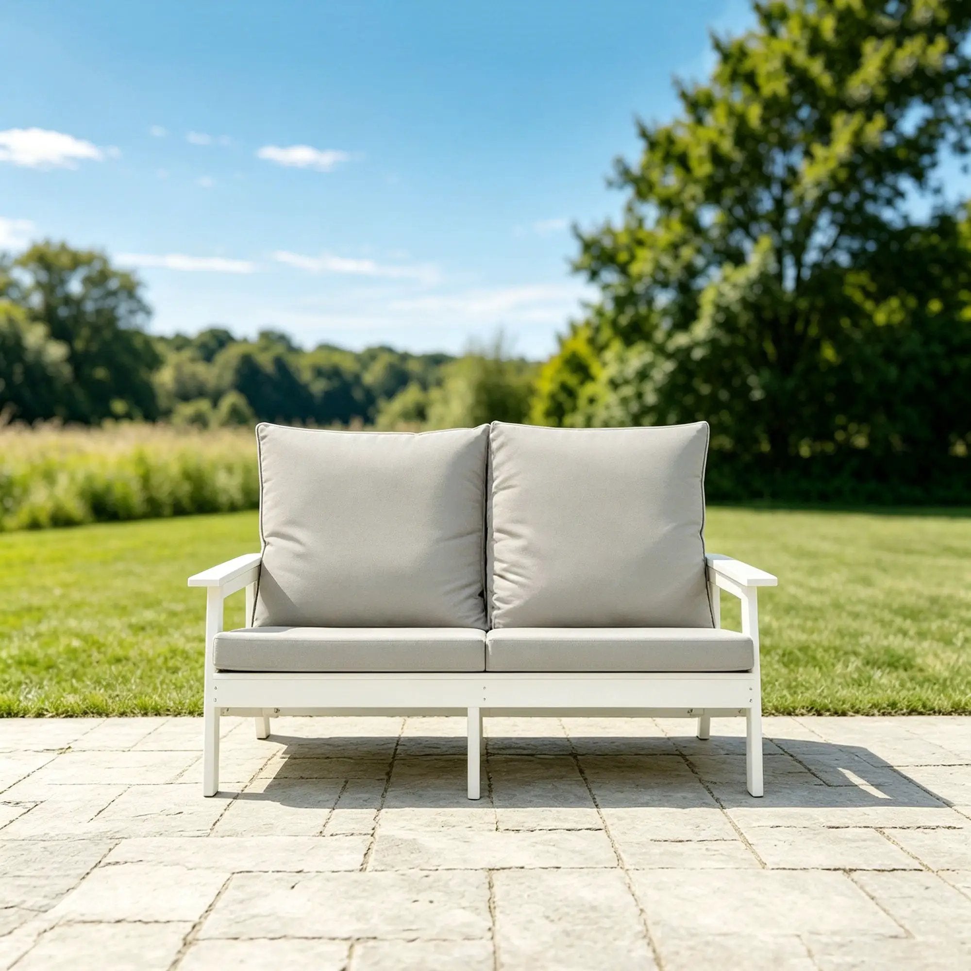 HIPS Loveseat with Cushion, Wood Grain Outdoor Garden Sofa by HouseOfZazla