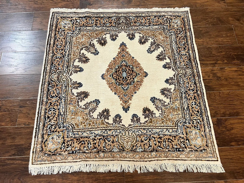 Square Persian Kirman Rug 4x4, Semi Open Field, Handmade by Jewel Rugs