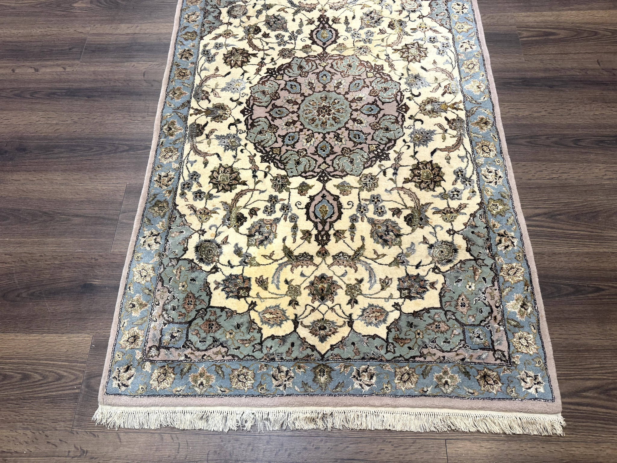 Persian Isfahan Rug 3x5, Fine 310 KPSI, Kork Wool Silk Foundation, Cream & Light Green by Jewel Rugs
