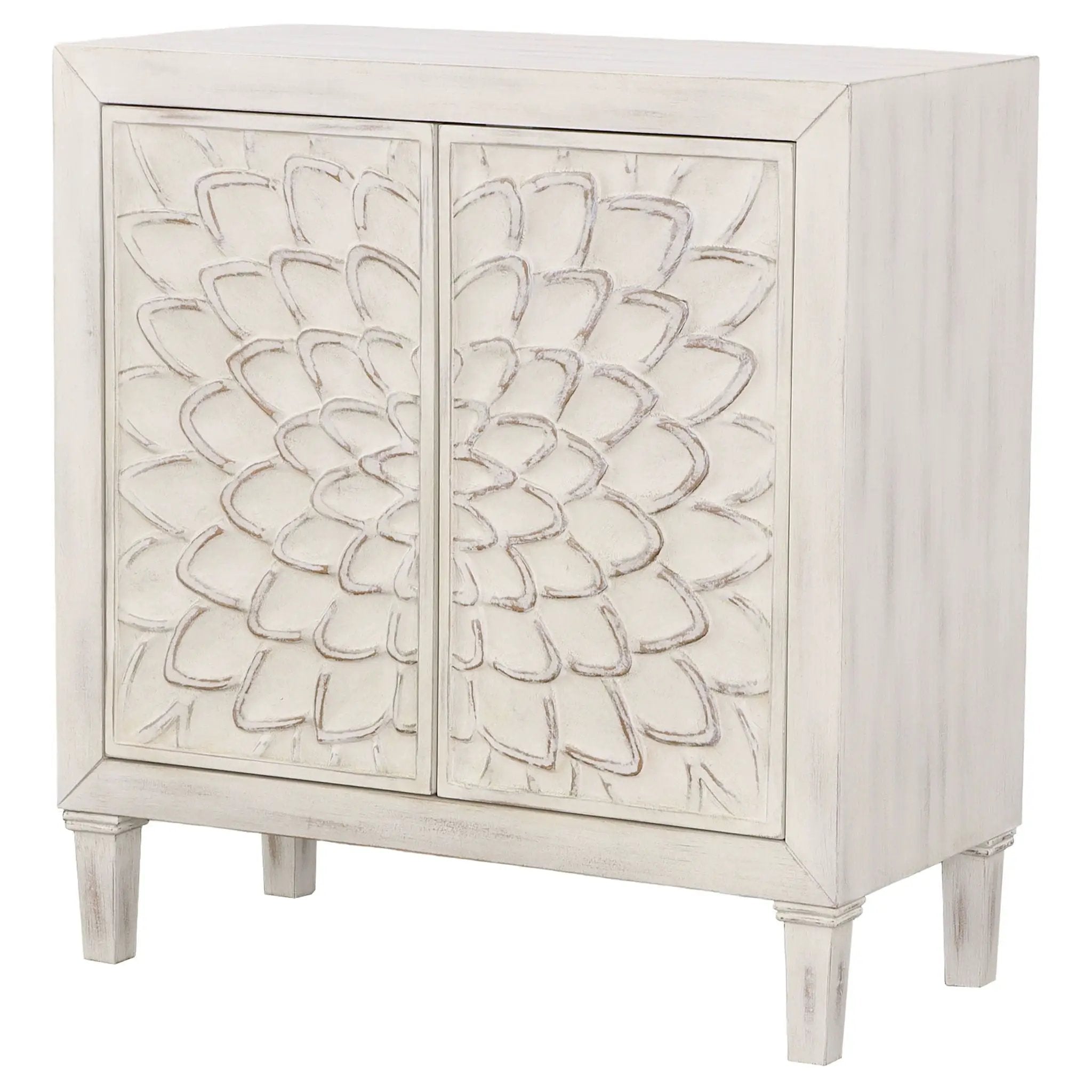 2 Door Accent Cabinet With Floral Carving Storage Furniture - White by HouseOfZazla