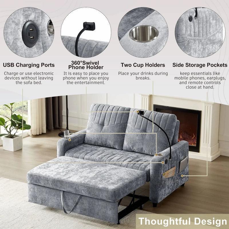 Modern Loveseat Pull Out Sofa Bed With Adjustable Backrest, Two Cup Holders, A Phone Holder, Three Charging Ports And Side Storage Pockets For Living Room by HouseOfZazla