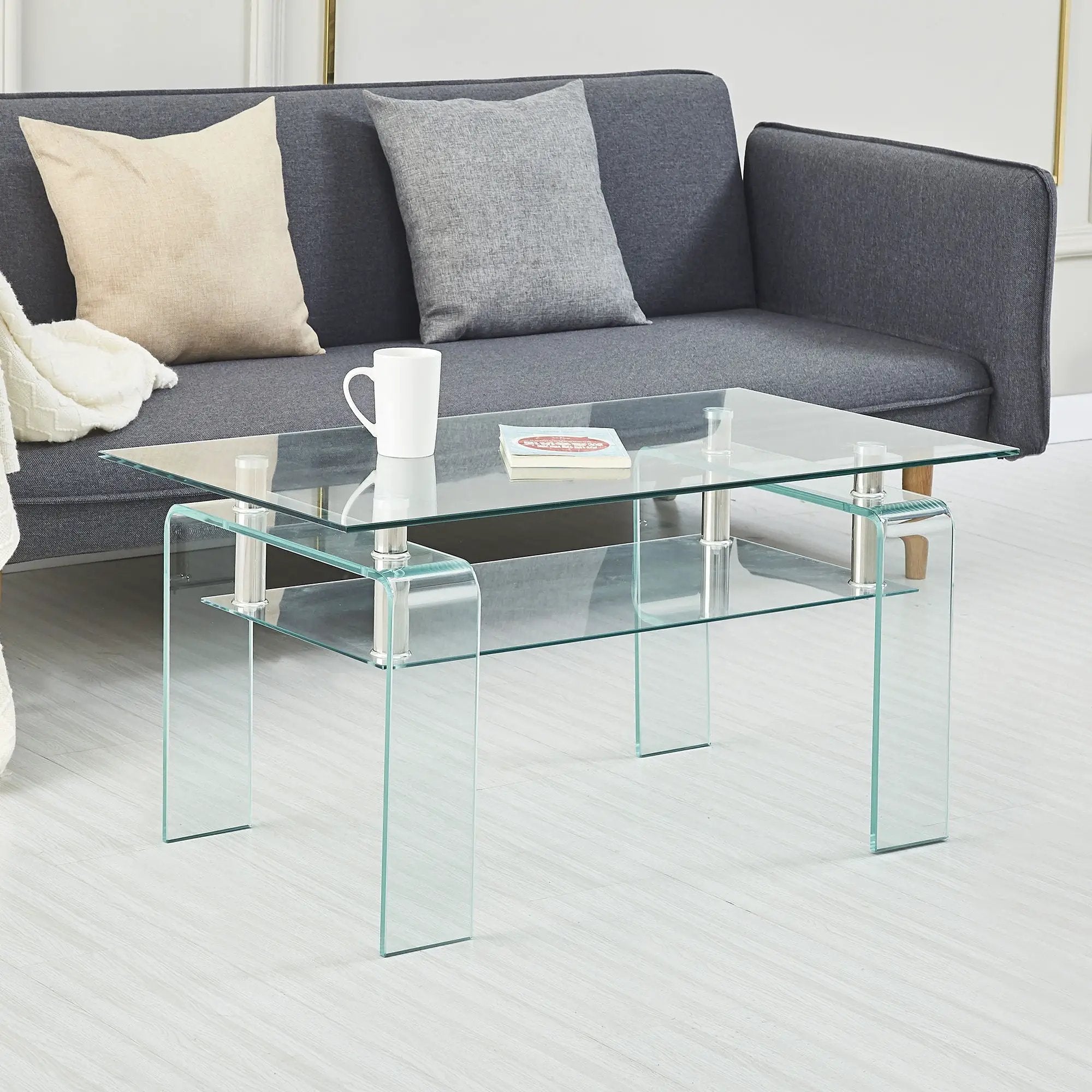 Modern Tempered Glass Coffee Table With 2 Tier Storage For Living Room by Unique Piece Furniture