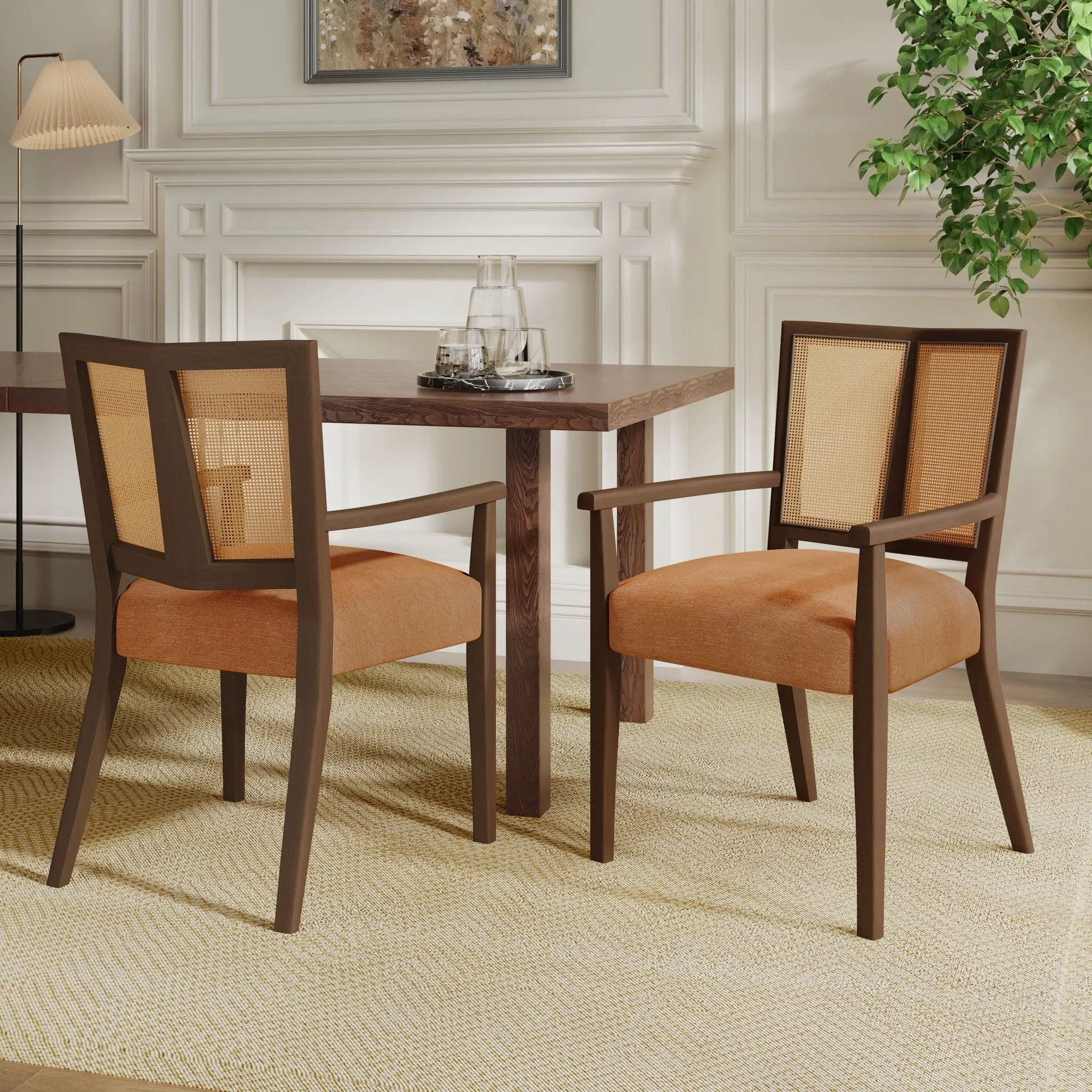 Mid Century Modern Arm Dining Chair Set With Rattan Backrest by HouseOfZazla