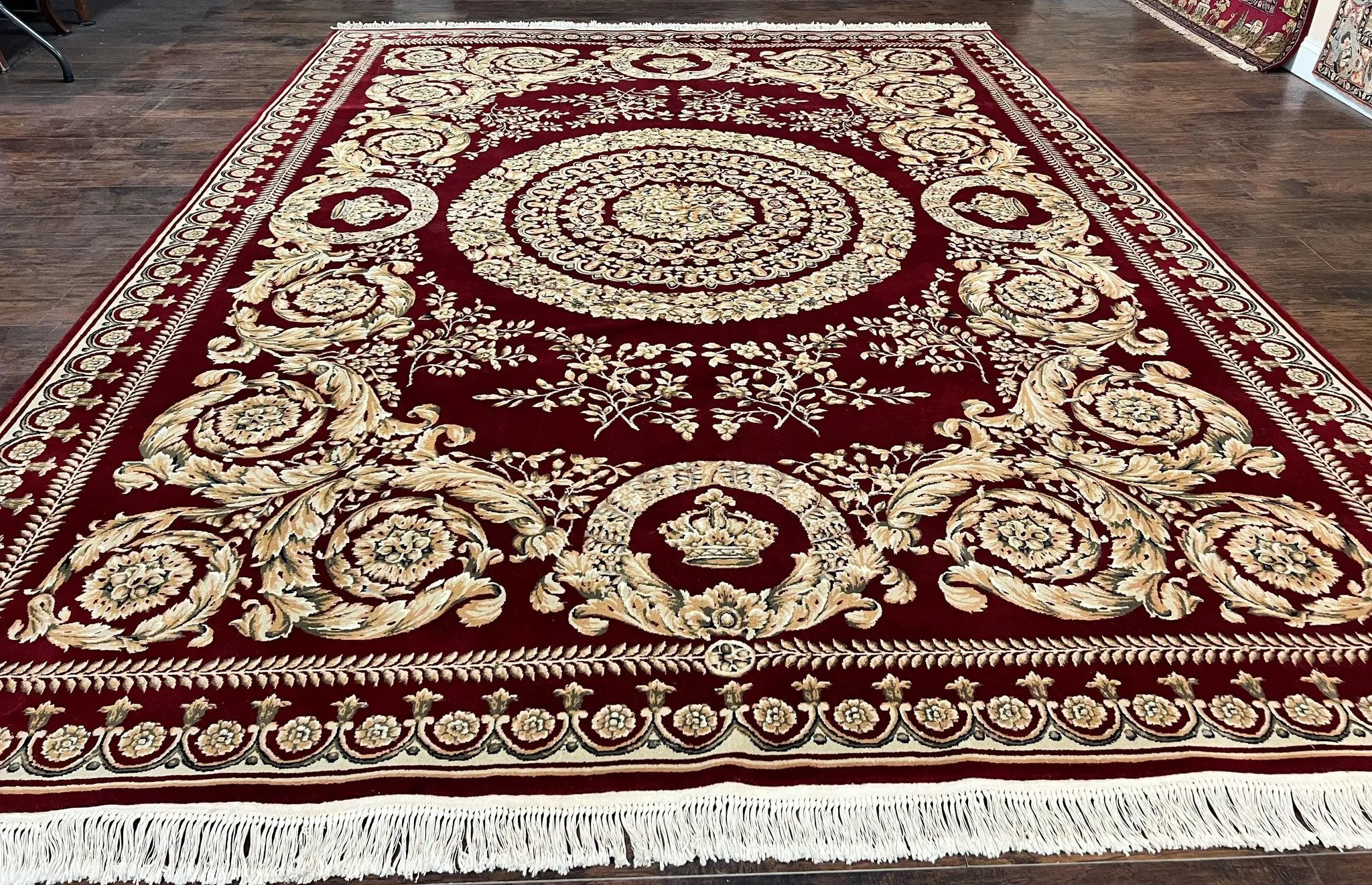 Aubusson Rug 9x12, Wool Handmade Carpet, Elegant French European Design, Dark Maroon Red, 9 x 12 Room Sized Rug, Finely Hand Knotted by Jewel Rugs