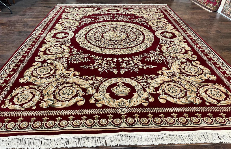 Aubusson Rug 9x12, Wool Handmade Carpet, Elegant French European Design, Dark Maroon Red, 9 x 12 Room Sized Rug, Finely Hand Knotted by Jewel Rugs