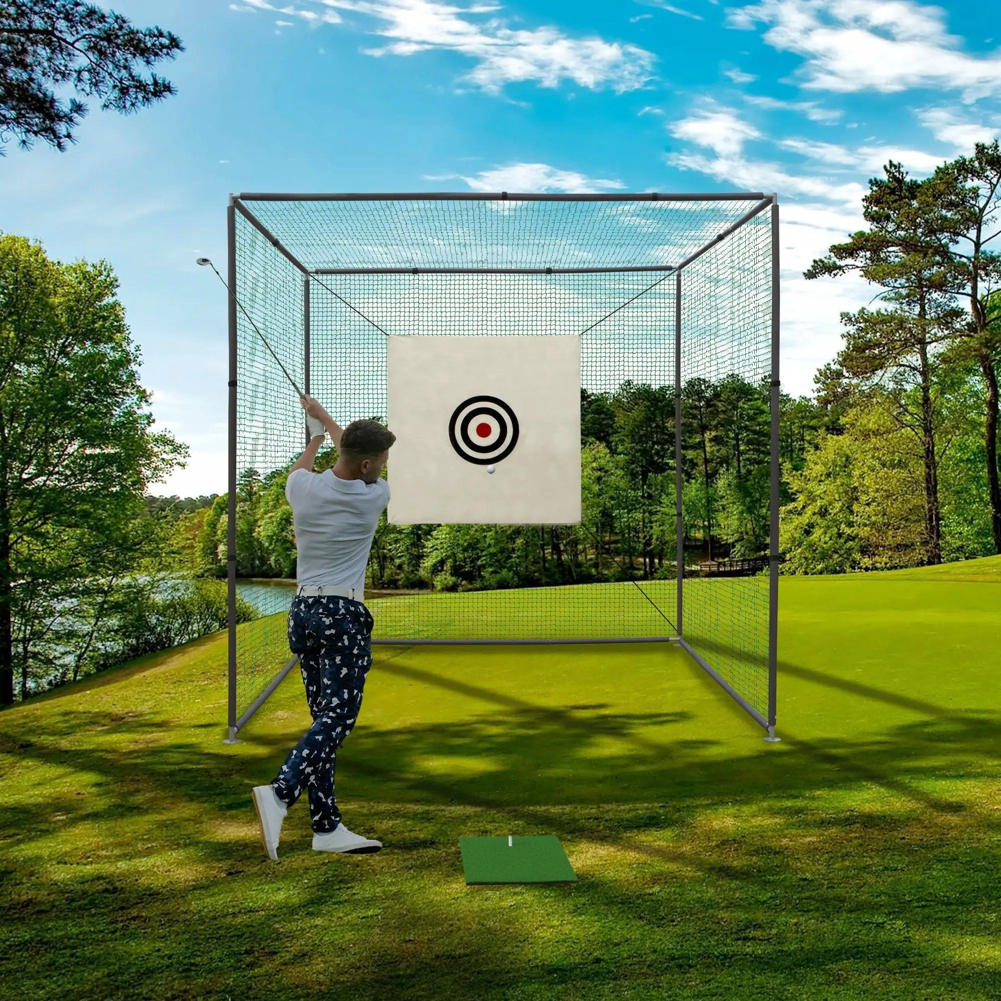 Golf Practice Net Cage With Metal Frame Hitting Net Kit Indoor Outdoor - Black