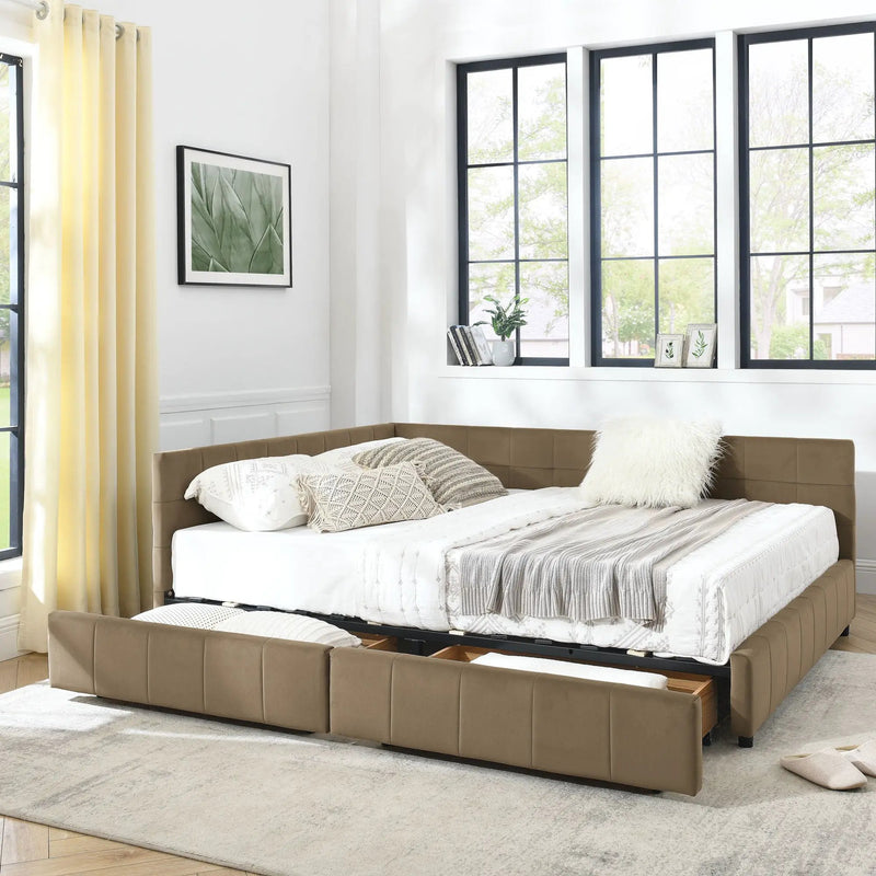 Mid-Century Storage Upholstered Tufted Bed Frame With Backrest And Armrests by Unique Piece Furniture