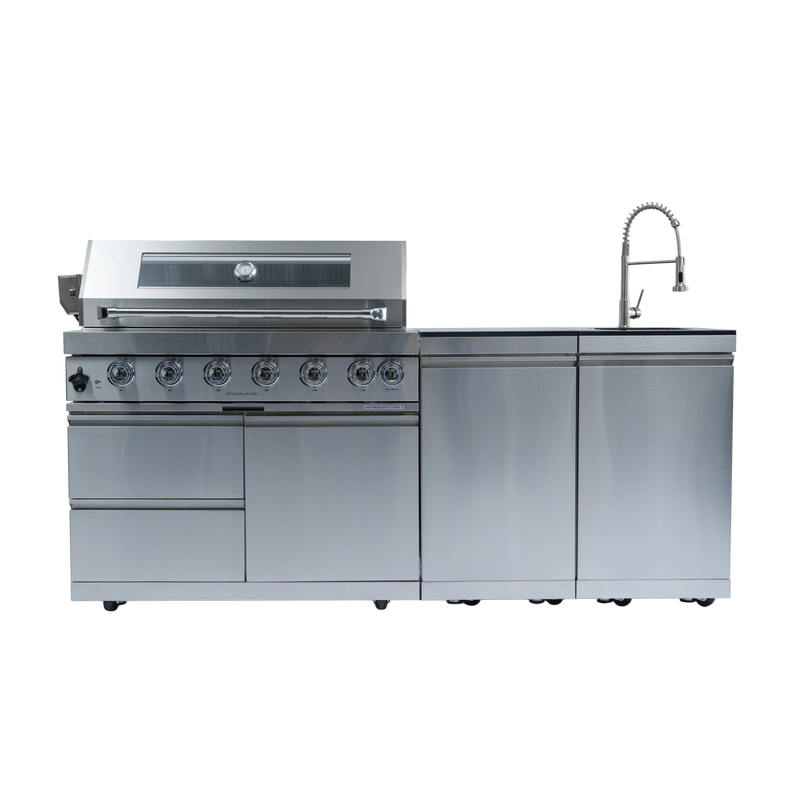 82" 6-Burner 85000 BTU Silver Outdoor Kitchen Island Grill + Storage Cabinets & Drawers & Sink/Faucet by Chery Industrial