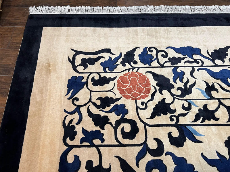 Antique Chinese Peking Rug 10x14, Beige Black, Handmade Wool Art Deco Carpet by Jewel Rugs