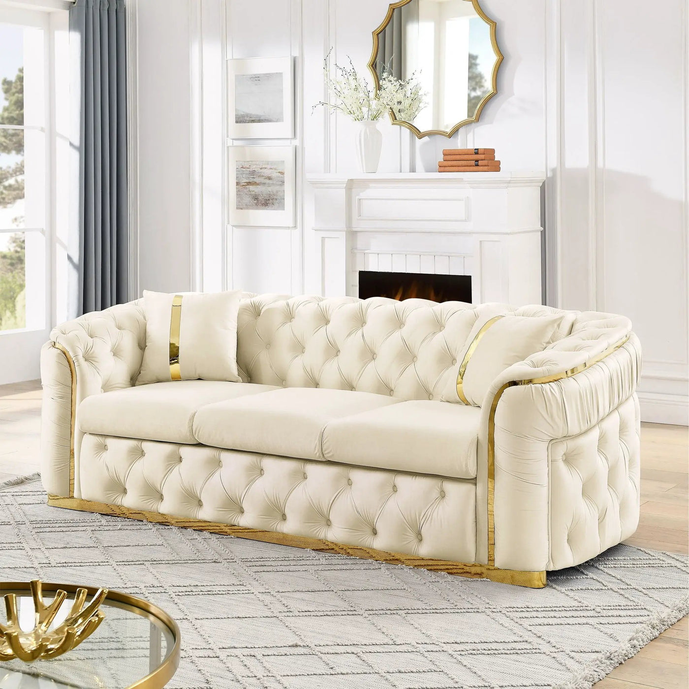 Button Tufted Couch With 2 Pillows, 3 Seater Luxury Chesterfield Sofa by HouseOfZazla