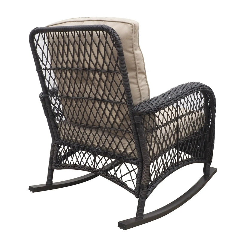 Garden Rocking Chair, Outdoor Rattan Rocker Chair With All-Weather Hand-Woven Resin Wicker, Patio Relaxing Lounge Furniture With Powder-Coated Metal Frame For Backyard, Porch - Brown / Beige by HouseOfZazla