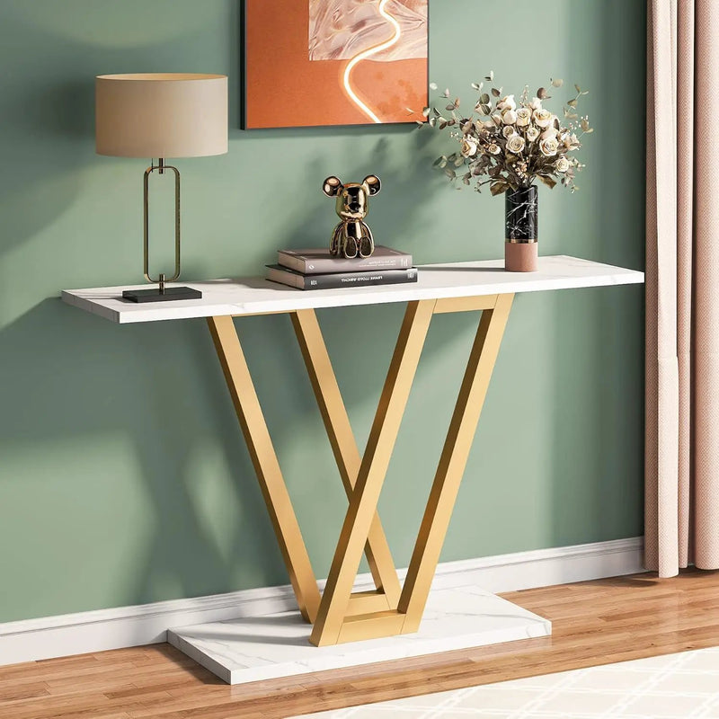 Console Table With Top With V Leg Frame For Hallway, Living Room - White / Gold by HouseOfZazla