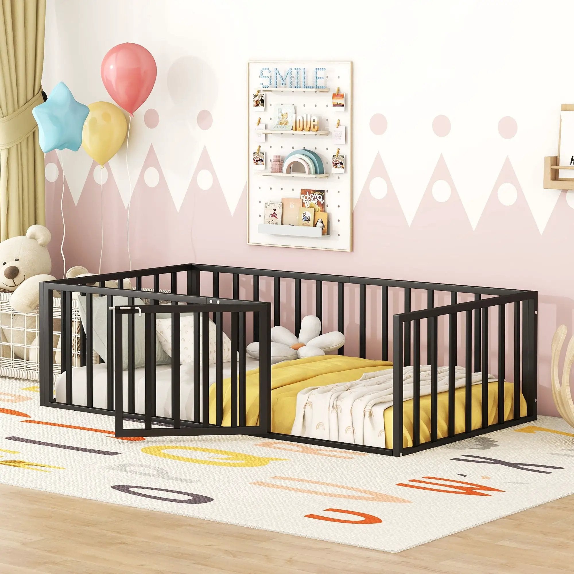 Metal Floor Bed Frame With Fence And Door by HouseOfZazla