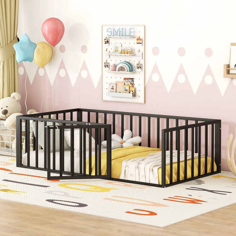 Metal Floor Bed Frame With Fence And Door by HouseOfZazla