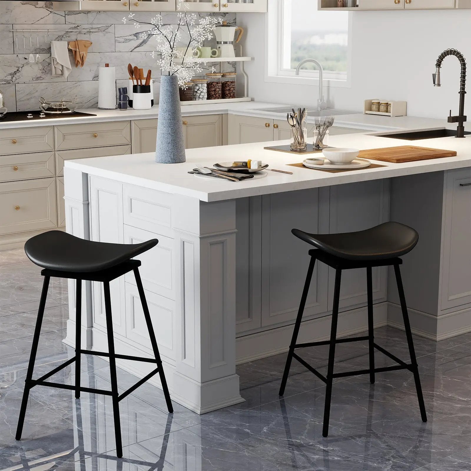 Set of 2 Swivel Barstools Faux Leather Upholstered Backless with Footrest by DirectDeals