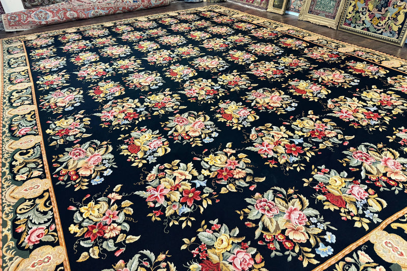 Palace Size Needlepoint Rug 12x16, Black and Colorful, Floral Panel, Handmade Oversized Wool Needlepoint Carpet, Rare by Jewel Rugs